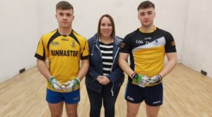 Men's U21 Doubles Champions: Conor Downes, Clare Handball Secretary Paula Carr Whelan, Fionn Slattery.