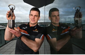 10 May 2023; PwC GAA/GPA Player of the Month for April in hurling, John Conlon of Clare, with his award at PwCs offices in Cork. Photo by Eóin Noonan/Sportsfile